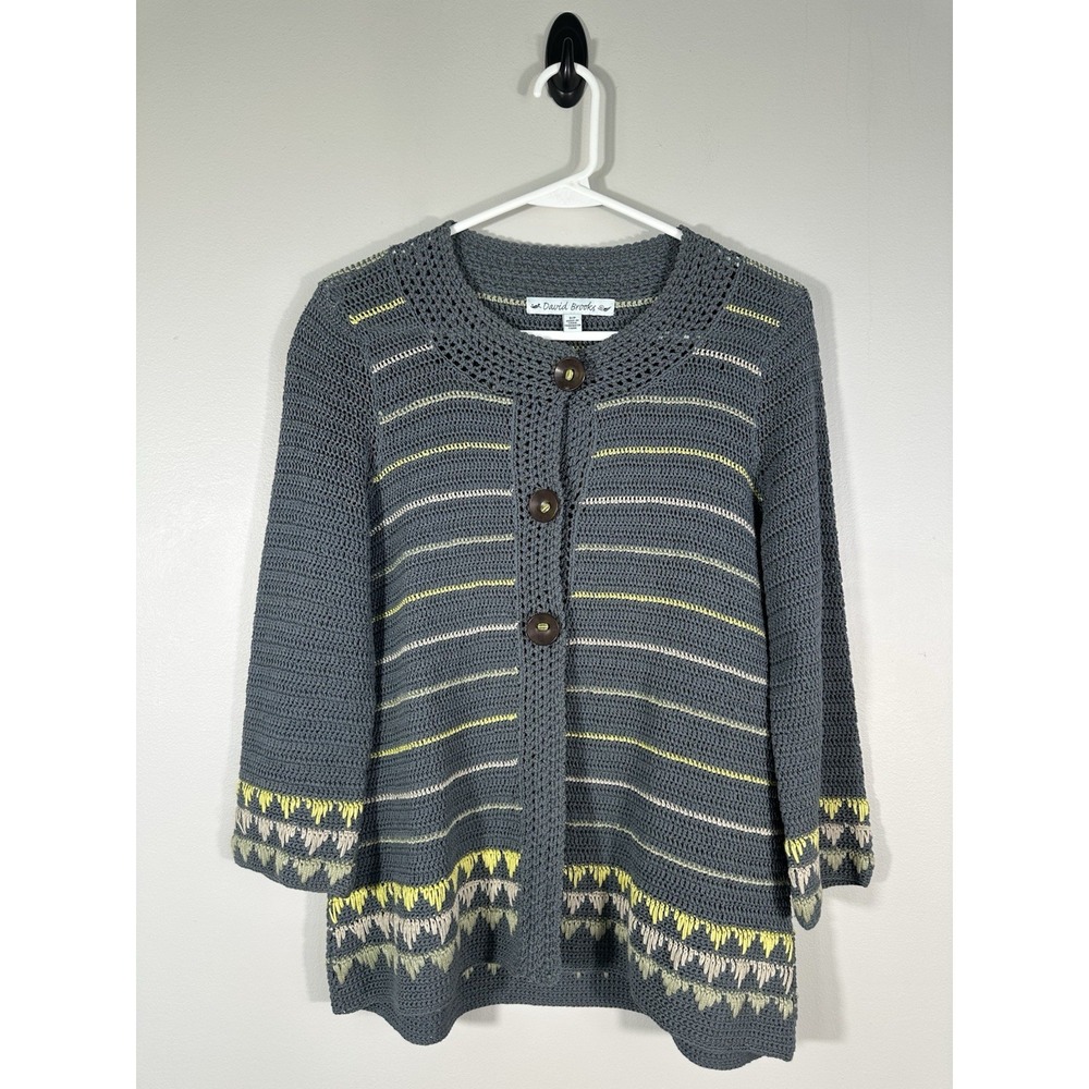 David Brooks Cardigan Womens Small Gray Boho Crochet Embroidered Sweater Granola